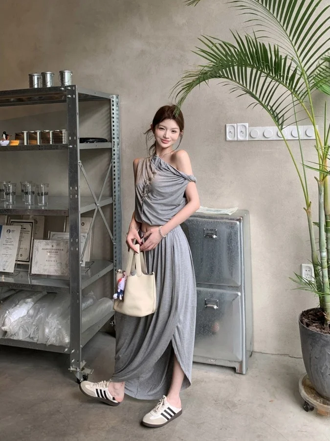 

Sexy Vintage Asymmetric Shoulder Bowed Top High Waist Draped Slimming Split Half Skirt Two-Piece Set Women's Fashion Summer O...