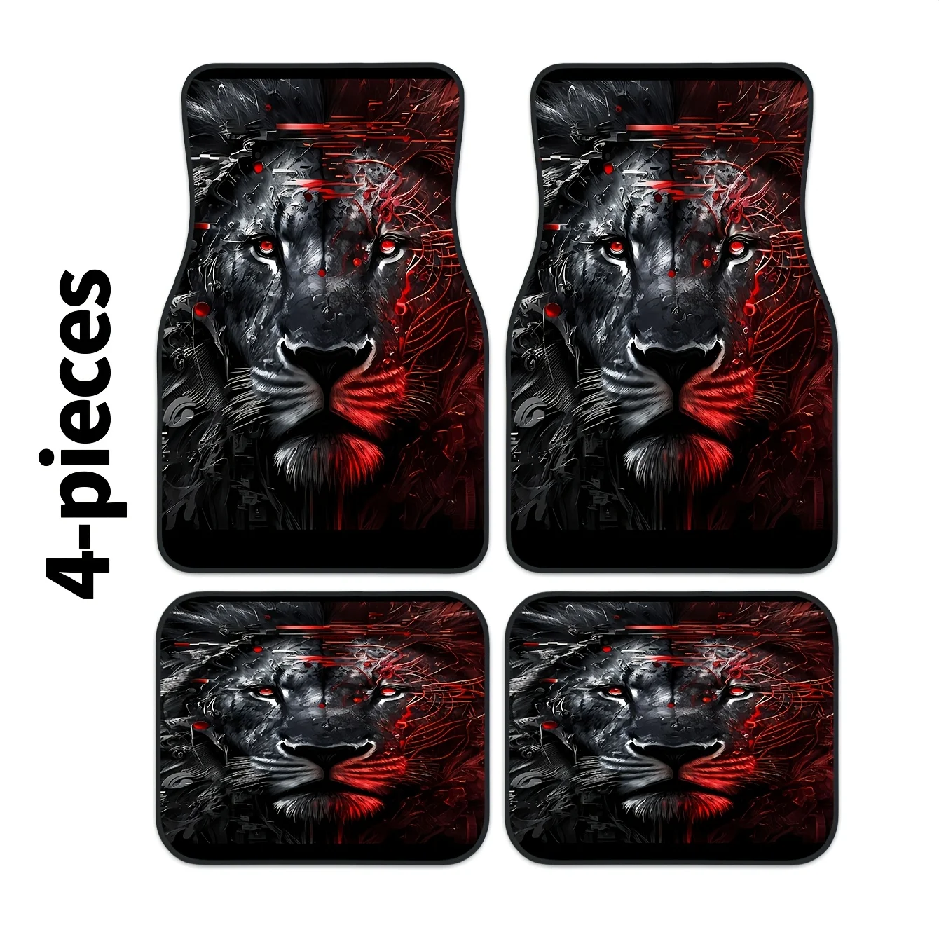2D, A High-End Black And Red Two-Color Lion Head Printed Car Mat Set, Front And Rear Carpets, Automotive Interior Accessory Mats
