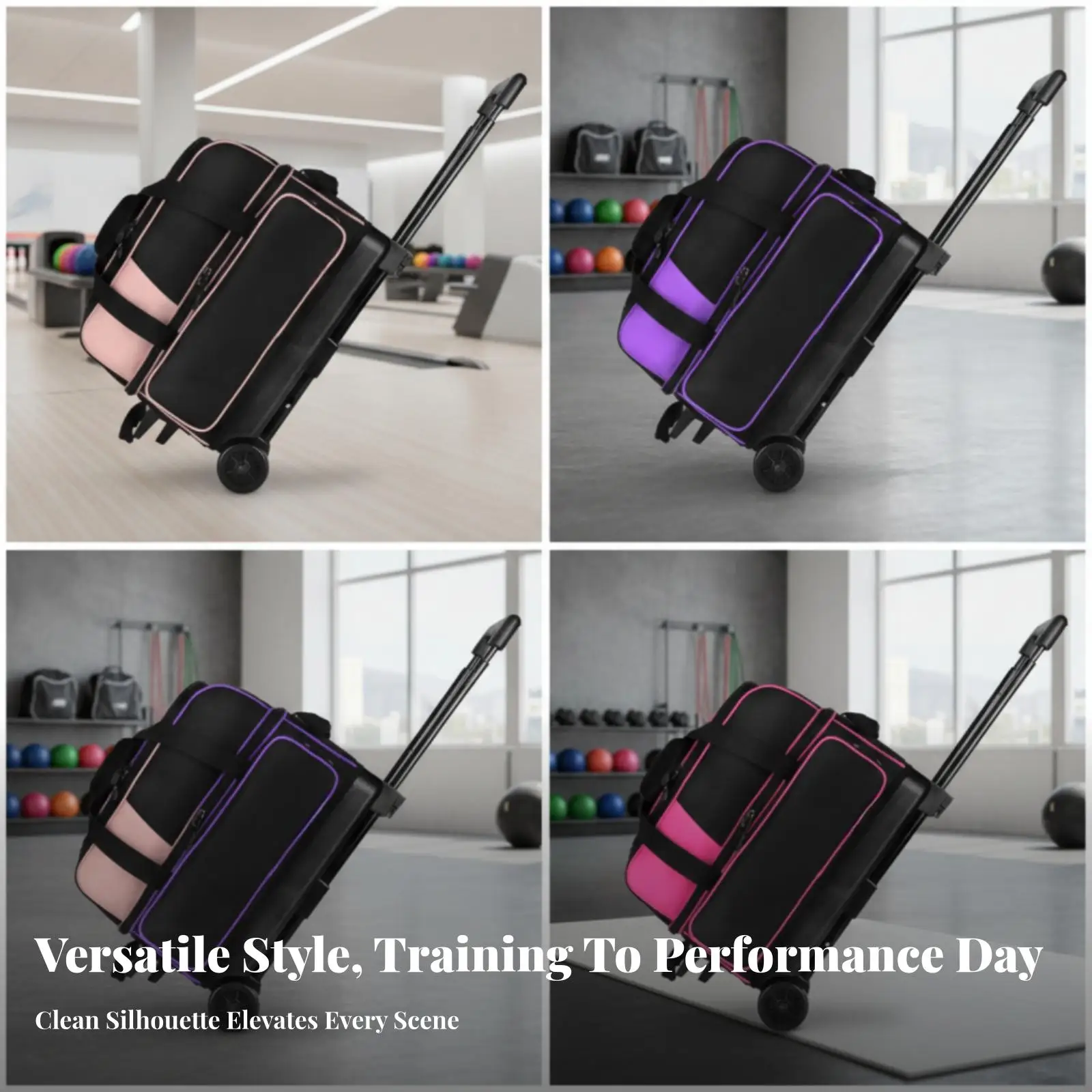 Bowling Bag with Wheels Hard Base Oxford Cloth 2 Ball Roller Case for Bowlers Sports Travel Gear