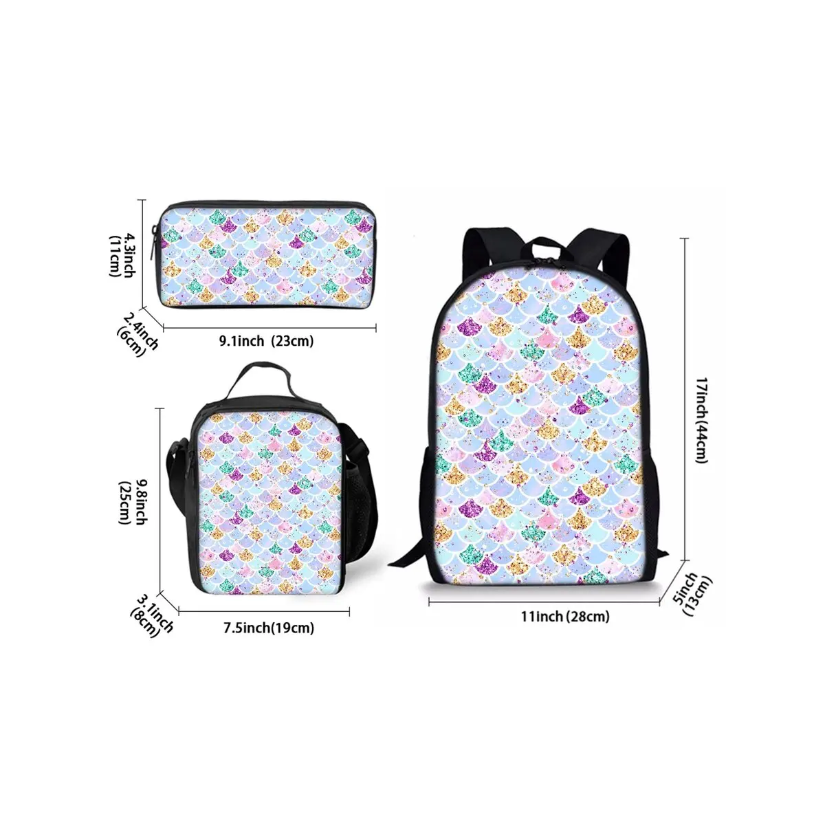 Mermaid Print Three Piece Backpacks Set for Boy and Girls Best Gifts 2D Flat Cartoon School Bag for Children