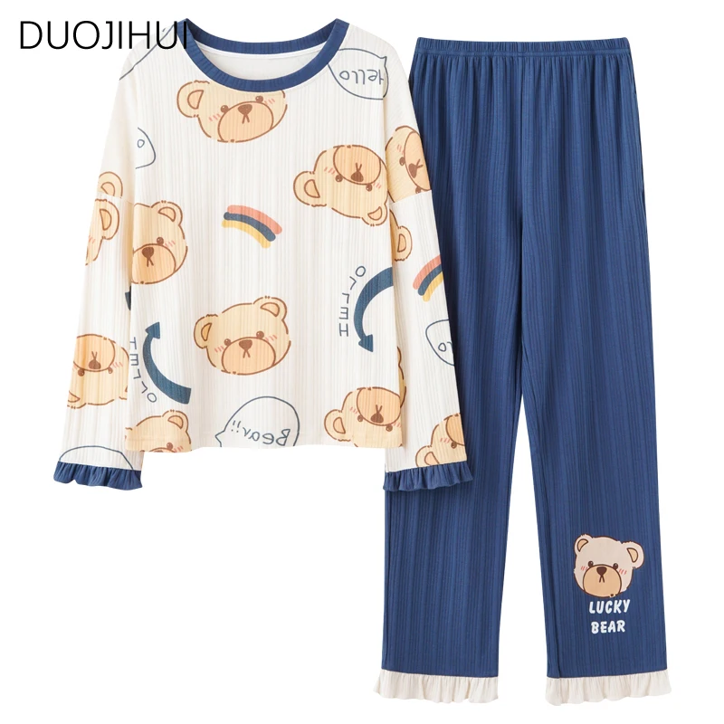 DUOJIHUI-Pyjama Coréen à Imprimé Chicly pour Femme, Ensemble Deux Pièces, Classique, Col Rond, Pantalon Simple, Mode Décontractée, Printemps