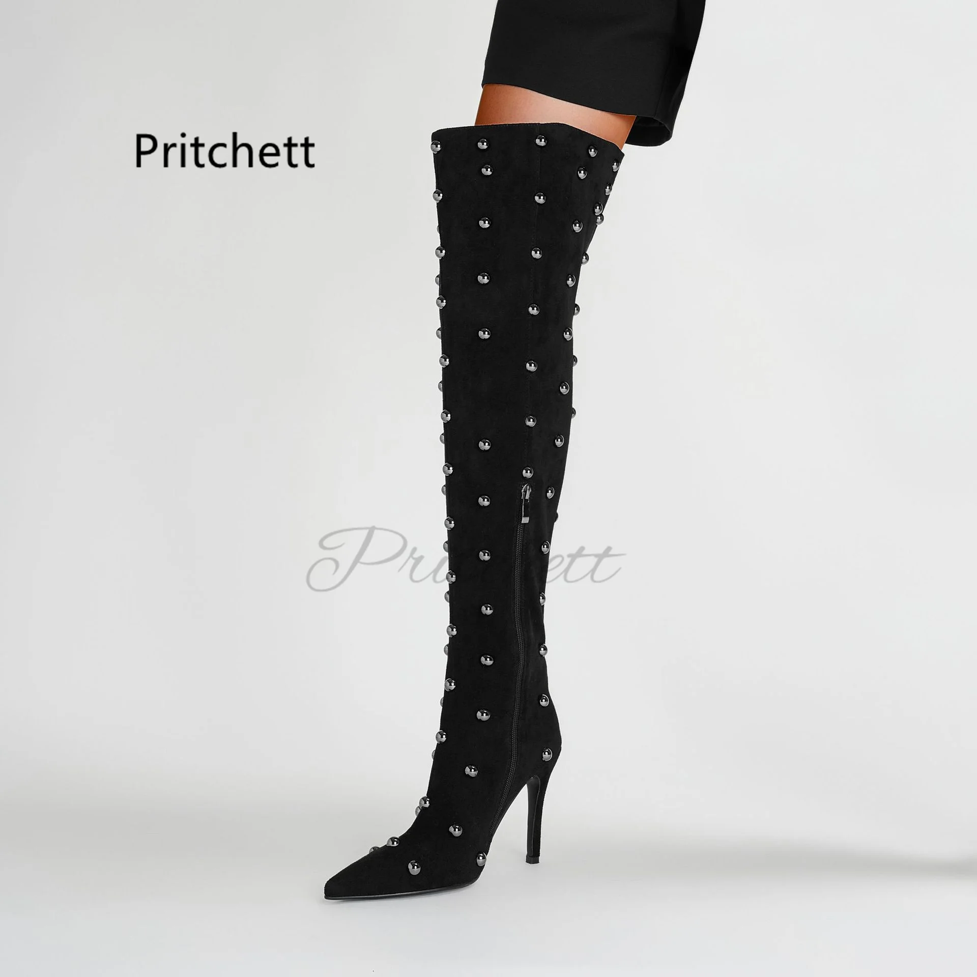 

Pearl Rivets Over The Knee Boots for Women Suede Pointed Stiletto High Heels Long Boots Zipper Women Winter Catwalk Dress Shoes