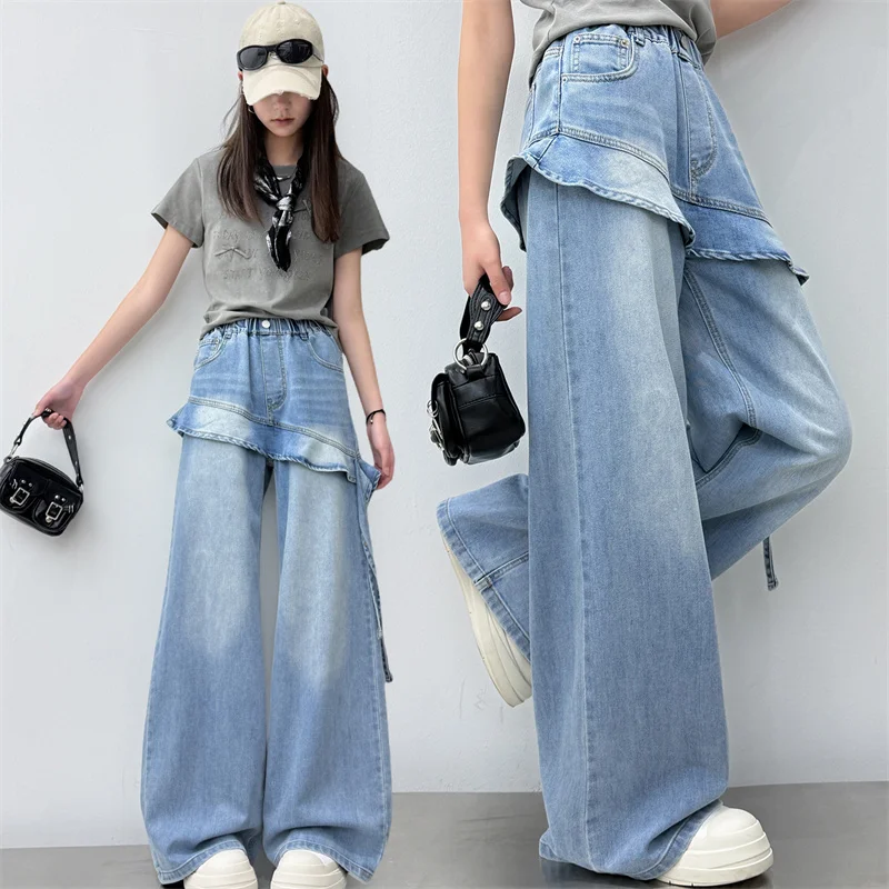

New 5-14 Years Old Summer Teenage Girls Jeans New Fashion Ruffle Curtain Wide-Leg Denim Pants For Kids High Waist Long Trousers