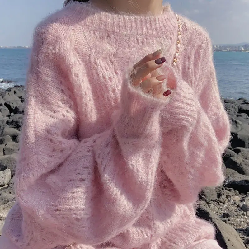 

Autumn Sweet Pink Sweater, Women's Loose Hollow Mohair Knit Sweater, Round Neck Pullover, Super Popular for Wearing Outside