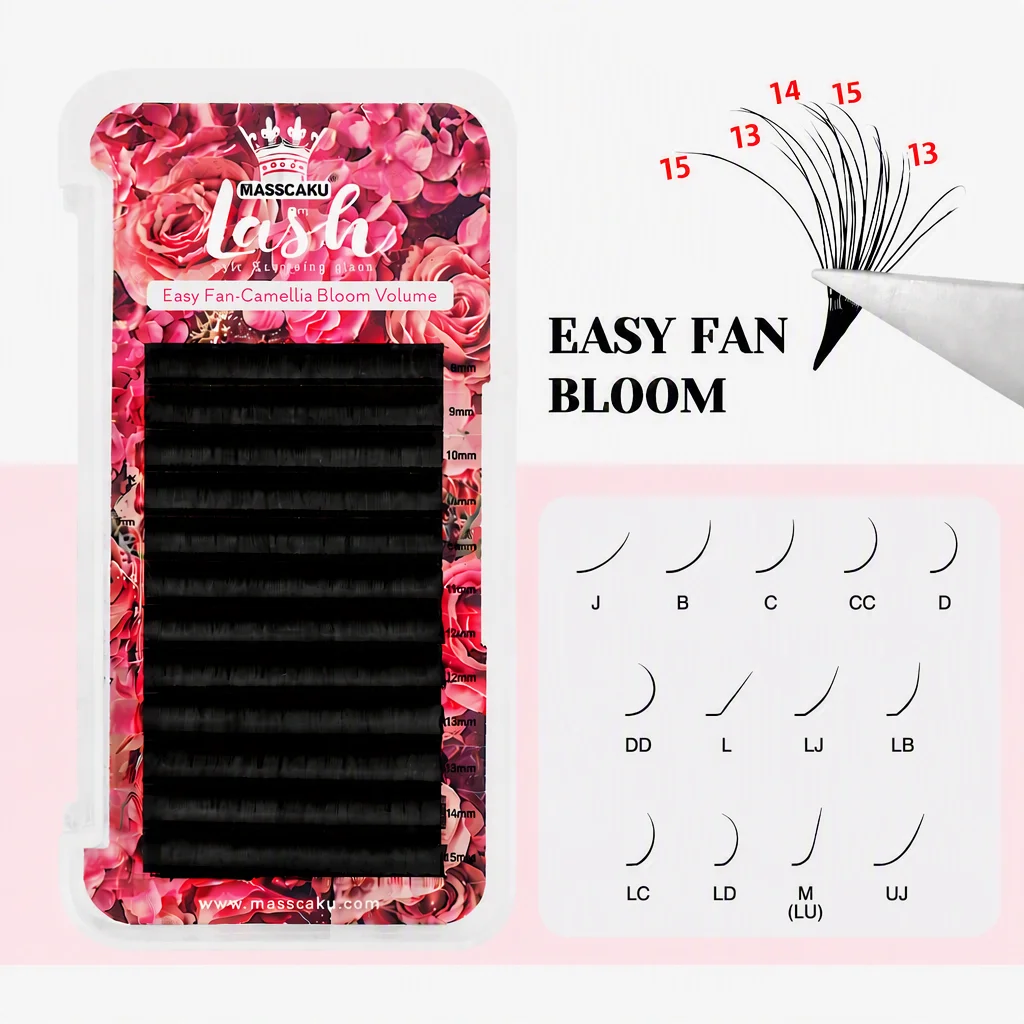 MASSCAKU L M B J LJ Curl Automatic Blooming Lashes Korean PBT Volume Eyelash Extensions Soft Matte Black 0.07mm Mixed Length