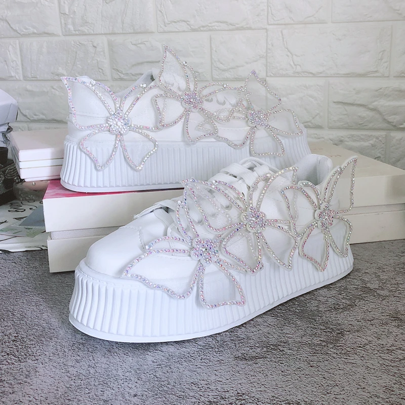 Little white shoes versatile spring new handmade rhinestone butterfly sneakers