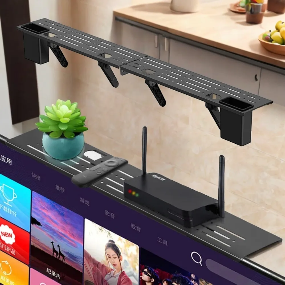 Solid Top Shelf Computer Monitor Stand - Sturdy Platform Bracket for TV and Media Boxes Fish tape Cable clips Cord organizer