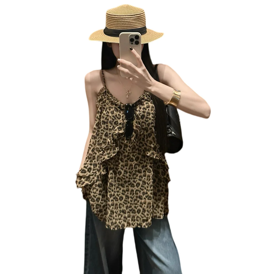 

2026 New Summer Women's American Style Hot Girl Leopard Print V Neck Sleeveless Cami Top Sexy Backless Slim Fit Outer Wear