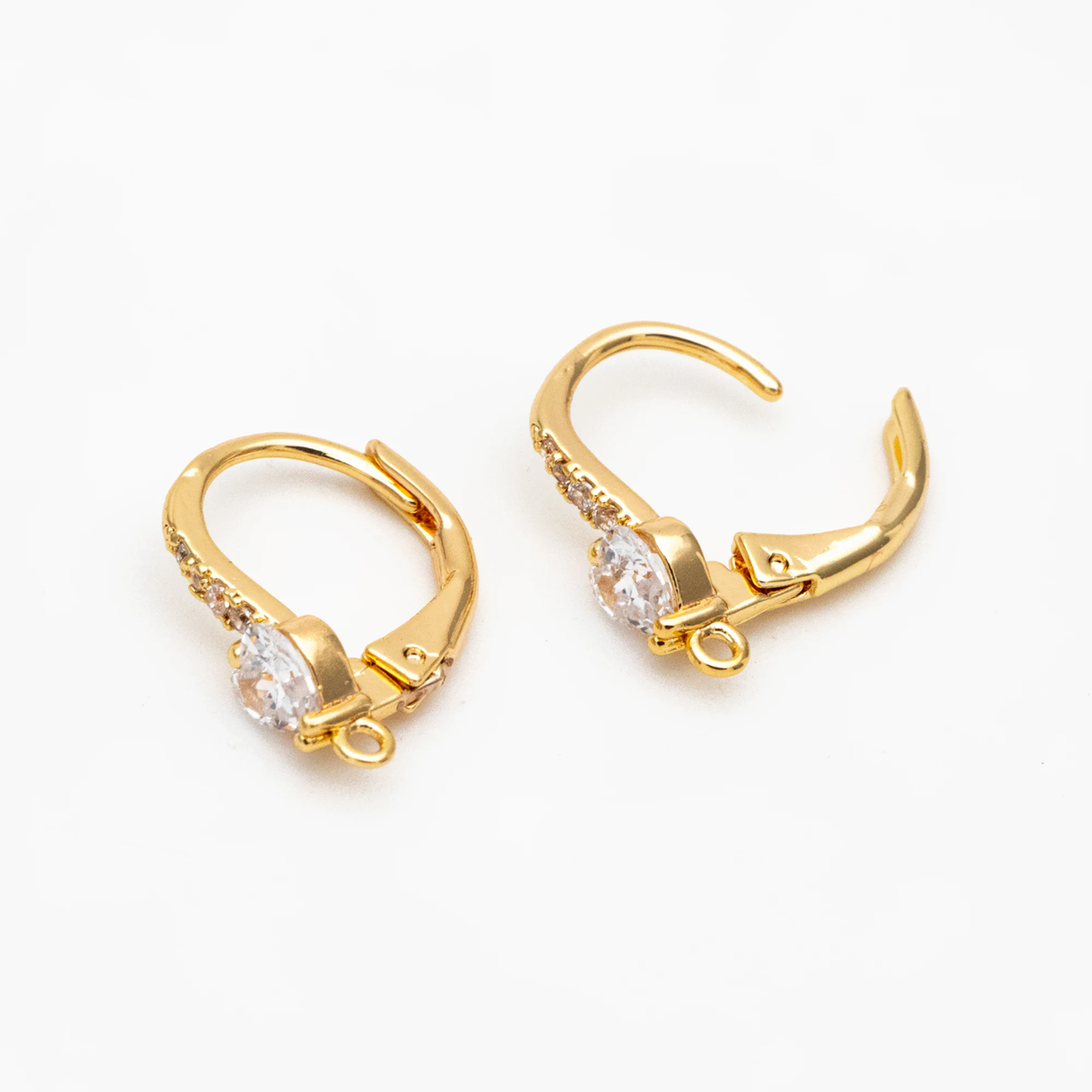 4pcs CZ Pave Heart Leverback Ear Hooks, Gold Plated Brass, Earring Hoop Components (GB-3798)