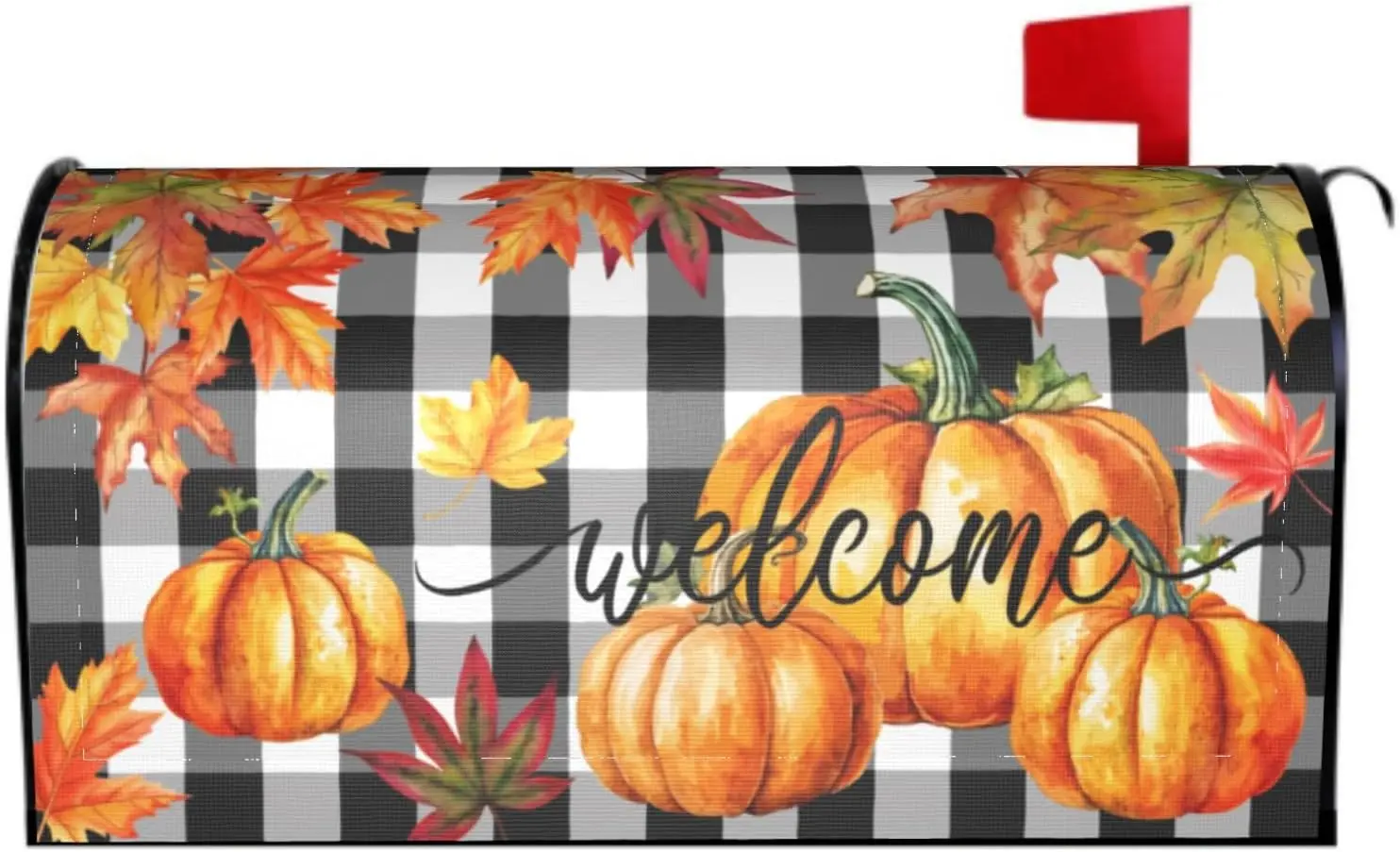 Welcome Fall Pumpkin Mailbox Covers Magnetic Standard Size 18x21 Autumn Maple Leaf Plaid Print Thanksgiving Decorative Mailbox W