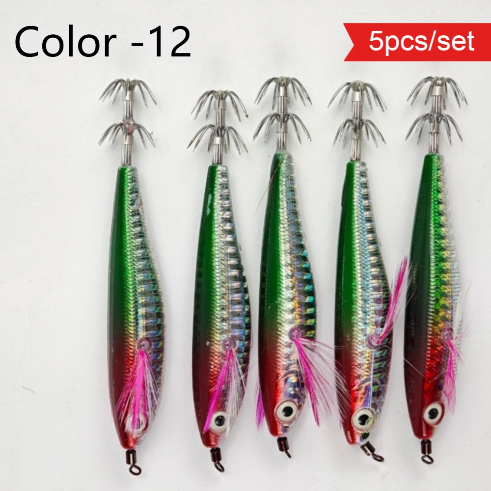 5pcs UV Horizontal Squid Jig 10.5cm Laser Holographic Body Wood Shrimp Luminous Realistic Egi Lure Sea Octopus Fishing Tackle view 6