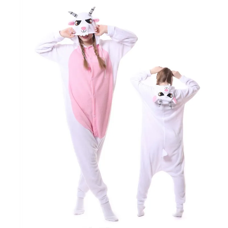 White Goat Anime Onesie Pajama Fleece Jumpsuit Funny Sleepwear Women Pyjama Outfit Girls Fancy Suit Adults Raccoon Kigurumi