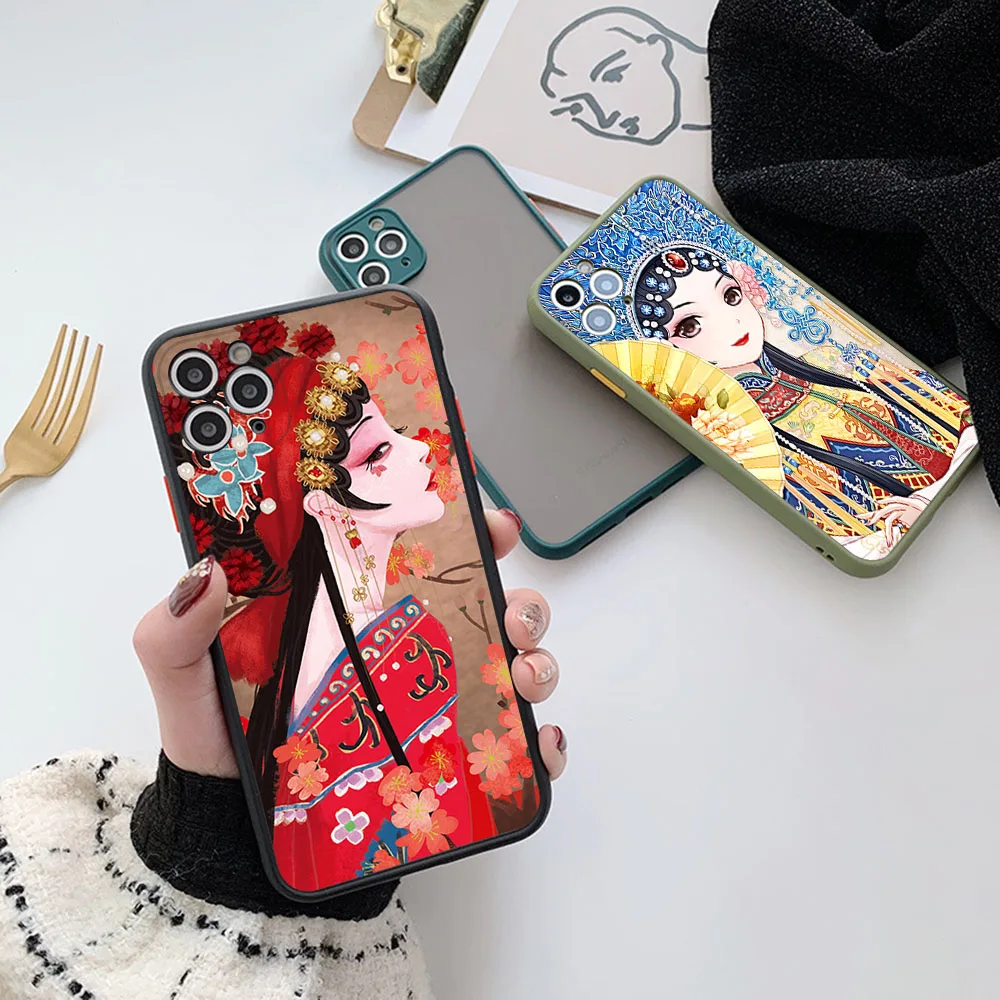 Cases For iPhone 15 Pro Max 14 7 8 6s Plus 13 12 11 XS Max X XR Beijin Opera Face Cute Girl Frosted Translucent Funda Phone Case