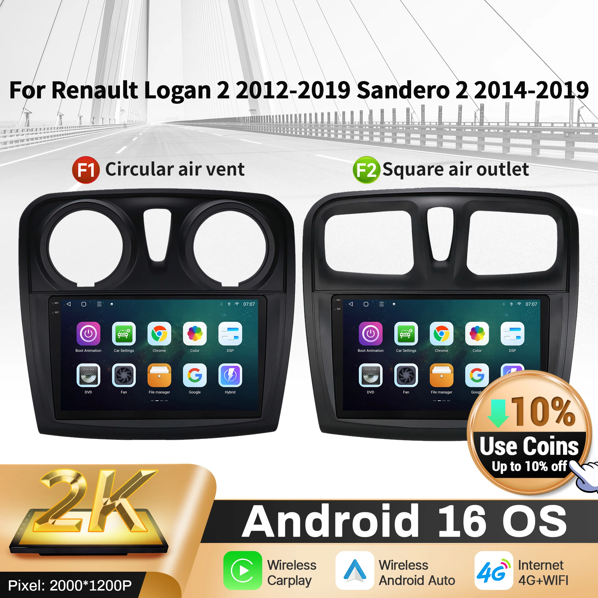 9 "rádio do carro para renault logan 2 2012-2019 sandero 2 2014-2019 android 16 sem fio bt carplay navegação multimídia 2k tela qled