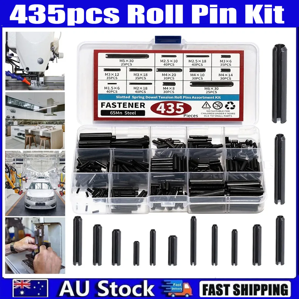 435pcs Spring Steel Pins Black Oxide Roll Pin Kit Split Dowels Slotted Tension Pins Home Improvement Automotive Repair