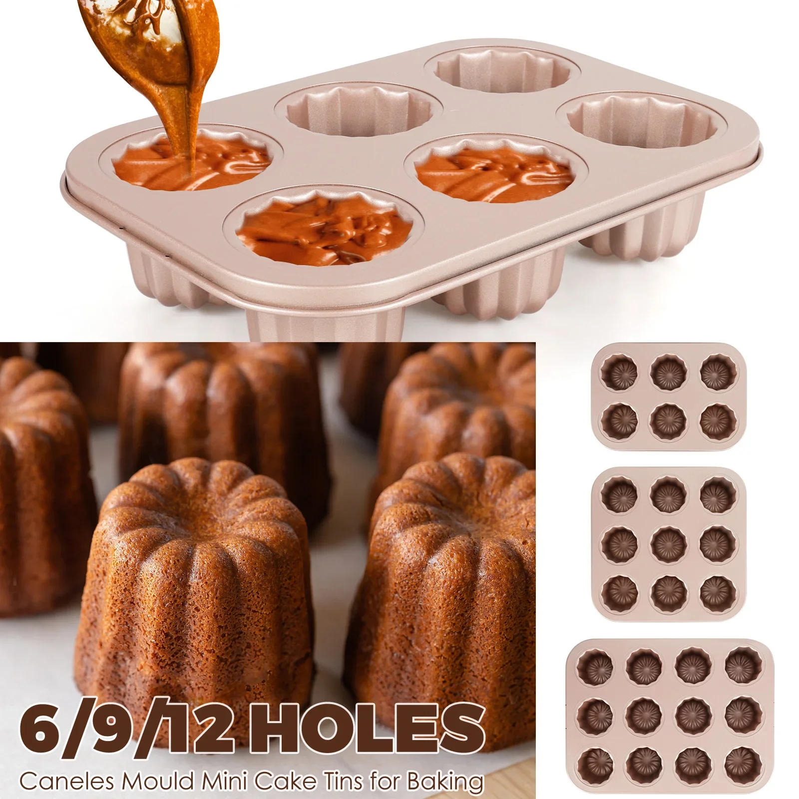 Molde para Canelés de Acero al Carbono, Antiadherente, con 6/9/12 Cavidades, Molde para Pastel, Molde para Muffins de Chocolate, Molde para Pastel DIY, Herramientas para Hornear