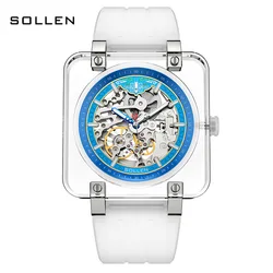 SOLLEN Mechanical Watch Skeleton Men Watch Fashion Transparent Square Dial Design Creative Men Automatic Watches Reloj SL325