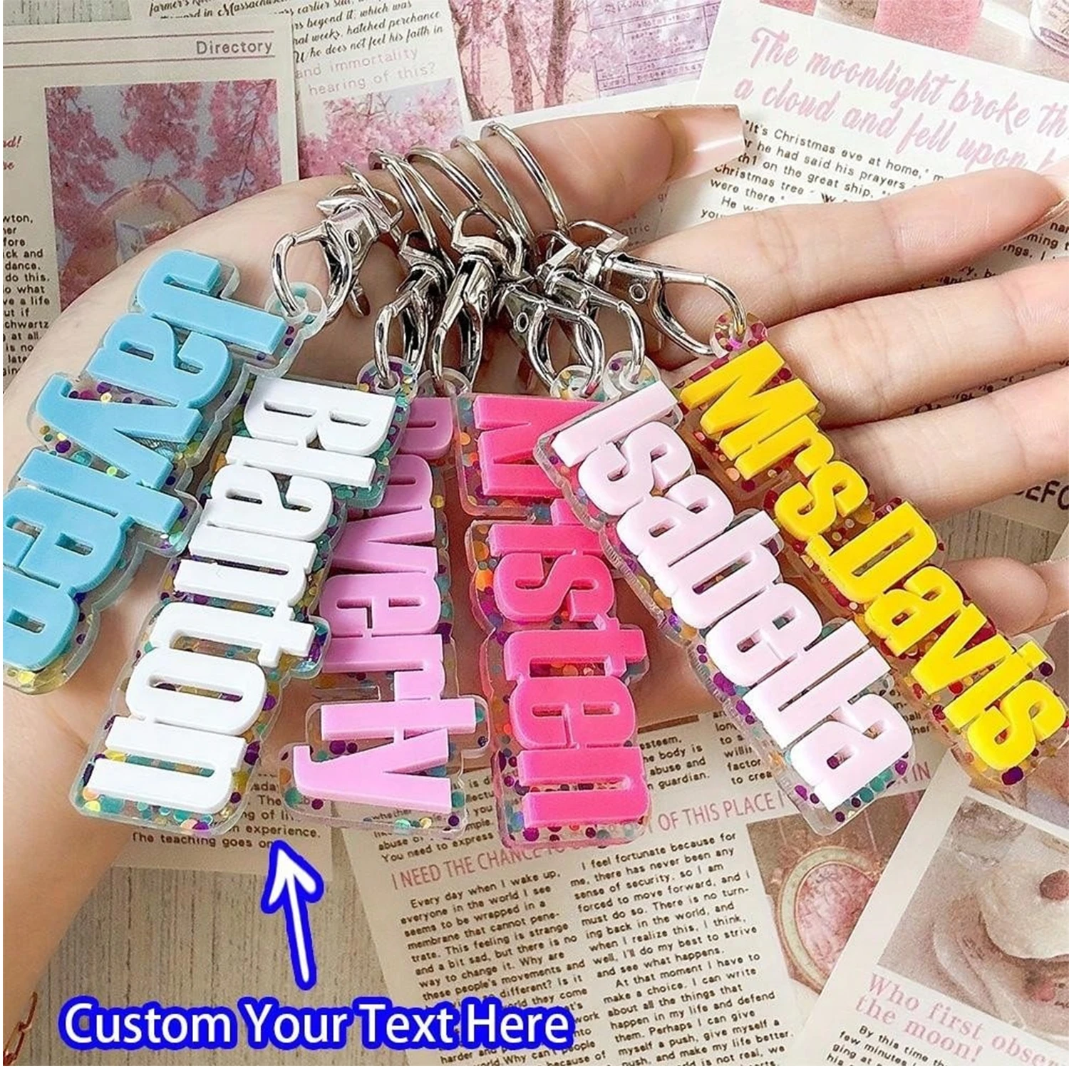 

Fashion Acrylic Colored Custom 3D Name Keychain Personalized 3D Letters Tag Backpack Vertical Pendant Key Chain Nameplated Gift