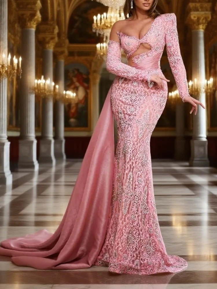 فساتين حفلة موسيقية للفتيات حورية البحر بكتف واحد وأكمام طويلة فستان حفلات مذهل مزين بالدانتيل والخرز فساتين سهرة مخصصة