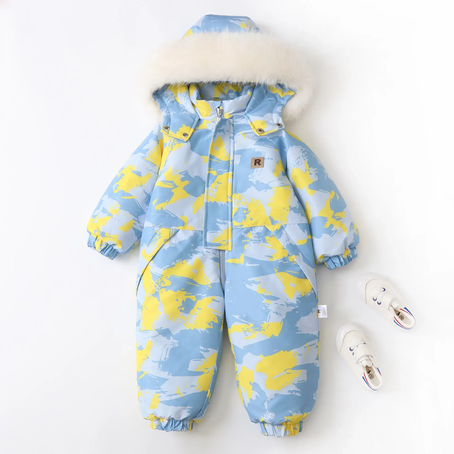 2024 Winter Kid\'s Clothes Warm Snowsuit 2-5 Y Girls Floral Printed Ski Suit Boys Fur Lining Hooded Jumpsuit Children\'s Outwear