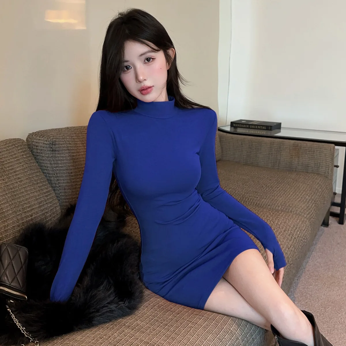 Outono inverno vintage simples f gola alta longa camada base dr casual gola cor envoltório em torno de ort...