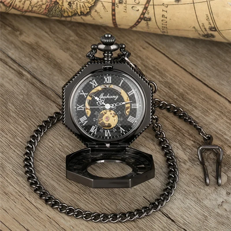 Antique Black Octagon Shape Clock Men Women Handwind Mechanical Pocket Watch Skeleton Clock Roman Number Dial Pendant Chain