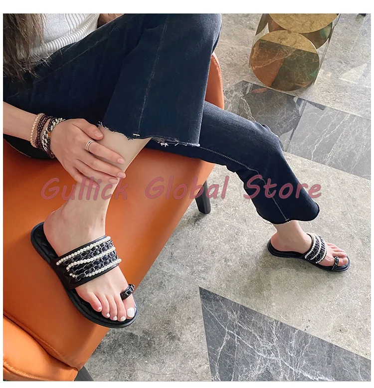 2024 New Arrival Round Toe Chain Pearl Shallow Flat Slippers Summer Dress Outside Casual Breathable Comfortable Women Slides