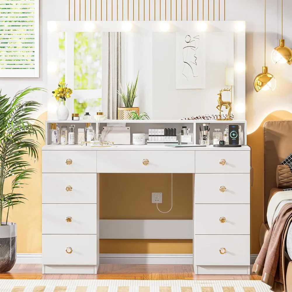 Large Vanity Desk with Mirror and Lights,43.3 Large Makeup Vanity with 9 Drawers, Power Outlet, Makeup Dressing Table
