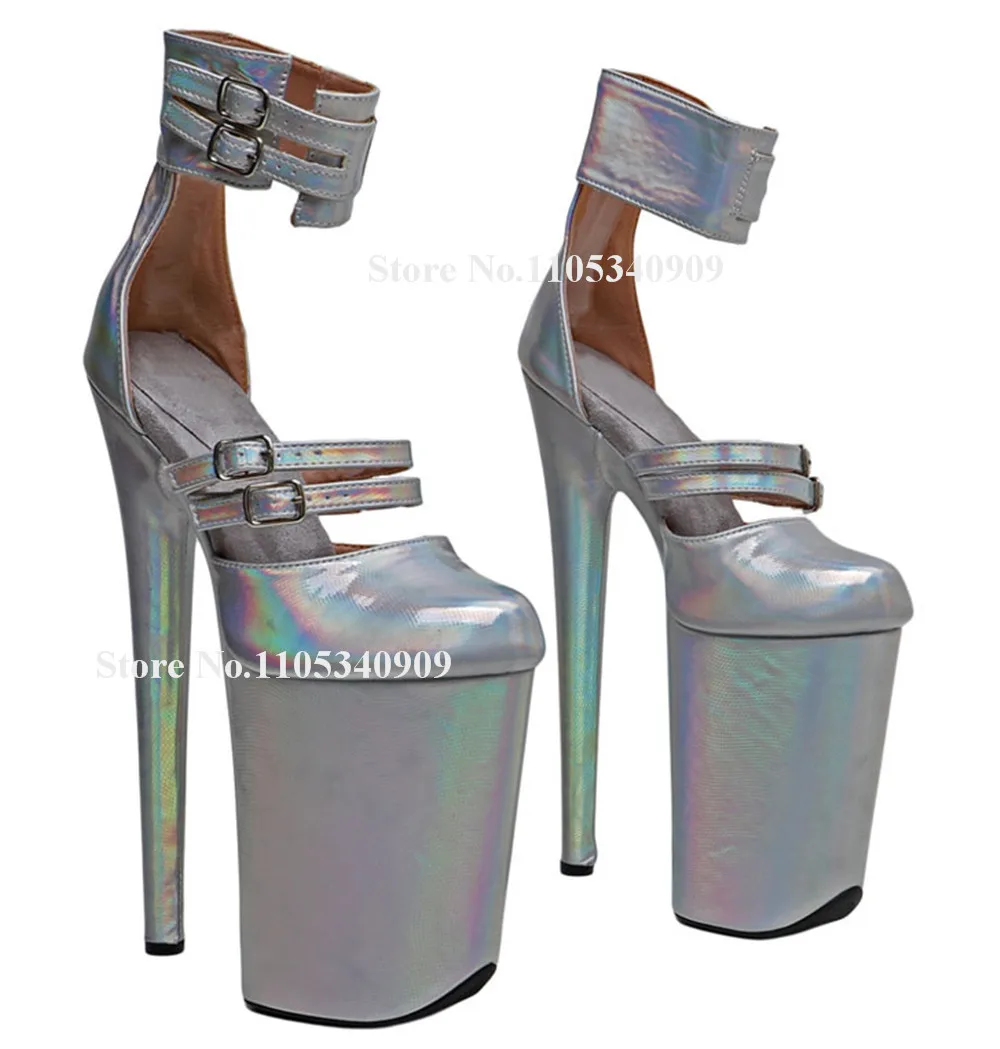 

Bondarenko Silver Hologram Iridescent Super Platform Stiletto Pumps Round Toe Ankle Straps 23cm Thin Heel Party Pumps Dance Shoe