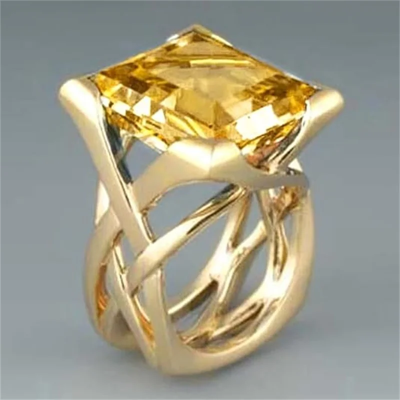 Huitan Ring mit hohlem Kreuz-Design für Damen, goldfarben, mit leuchtend weiß/blauem CZ, modisches Hochzeitszubehör, eleganter Partyschmuck – Detail 17