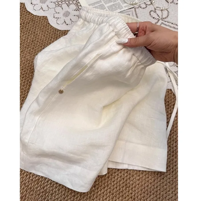 منفذ قوانغتشو الثالث عشر Fac الكتان الأبيض orts المرأة الصيف في الهواء الطلق عالية الخصر ألف خط بنطال ذو قصة أرجل واسعة عادية مستقيم الساق #3