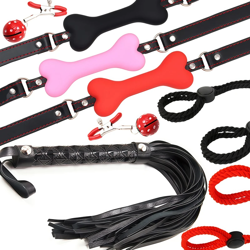 Sexy Spanking Whip Rope Handcuffs Bell Nipple Clamps Dog Bone Mouth Gag Tying Equipment Adult Games Role Play Slave Bondage Kits