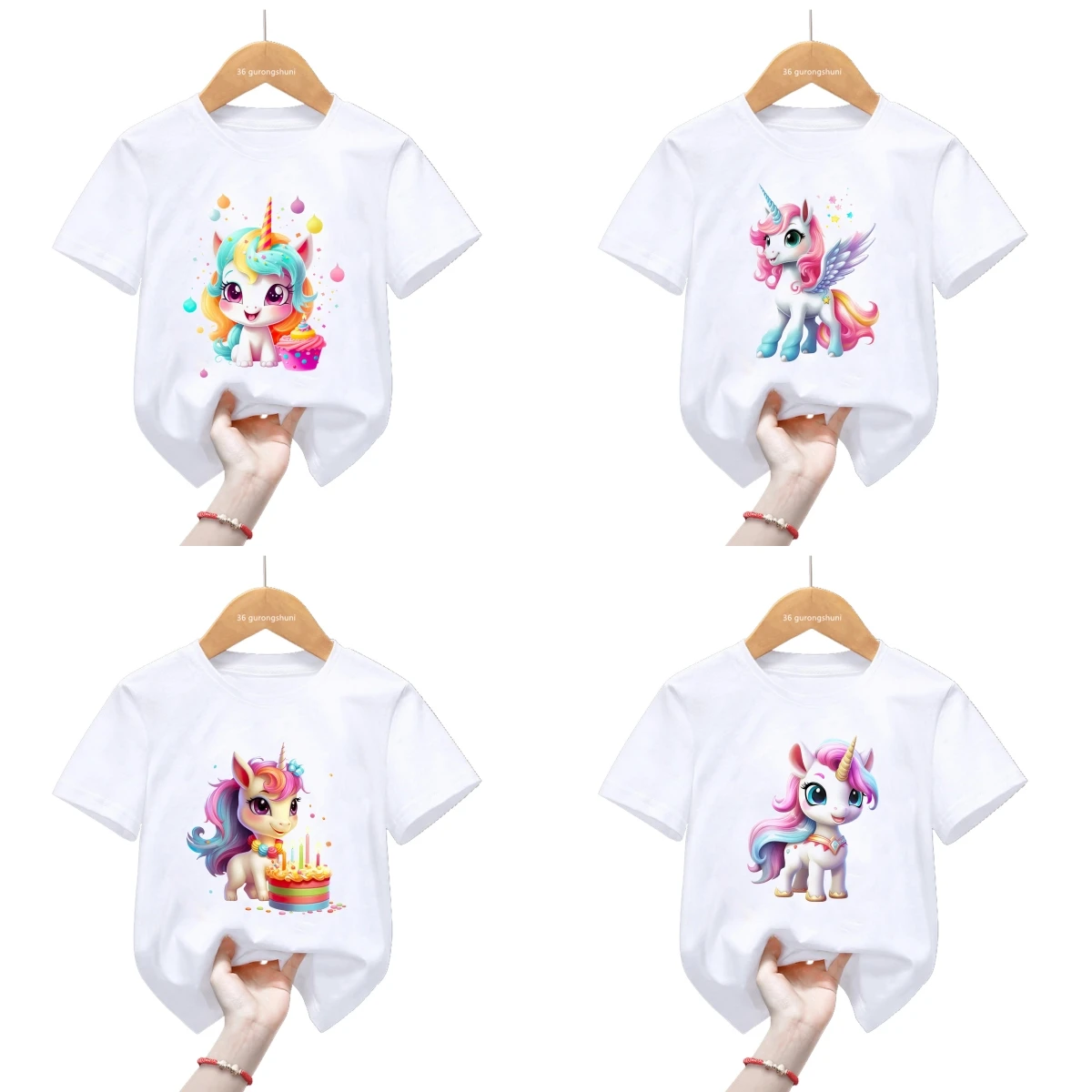 Kawaii bunte Regenbogen Einhorn T-Shirt Geburtstags torte Jungen Mädchen Geburtstags geschenk T-Shirt Baby Kinder Kleidung Kurzarm Top