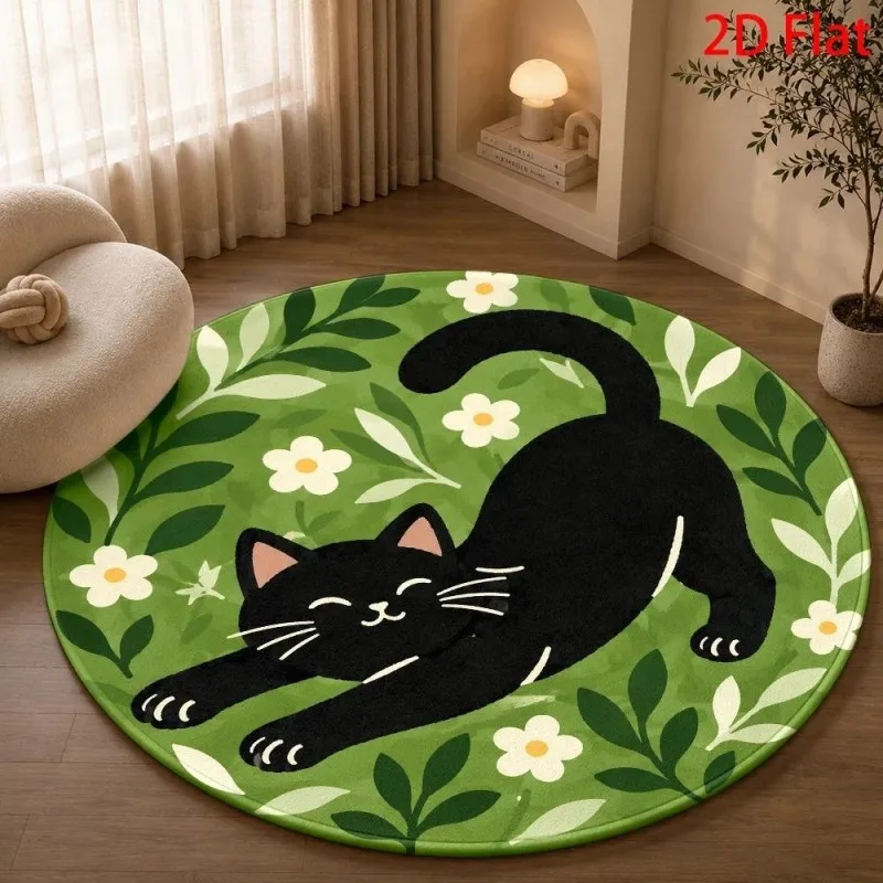 Cute Cat Floral Pattern Carpet Round Area Rug Whimsical Animal Decor Floor Cover for Bedroom Living Room Lounge Cozy Home Accent