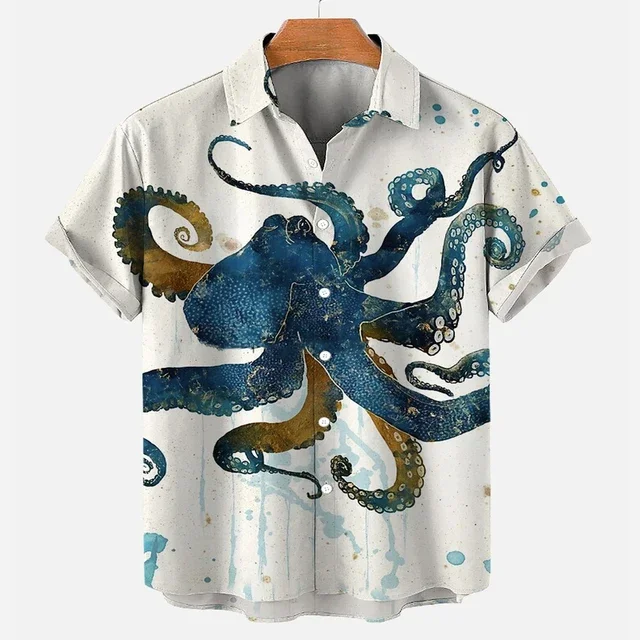 Vintage Art Octopus Ocean Creature Print Aloha Shirt For Men Short Sleeve Button Down Casual Beach Vacation Party Shirts