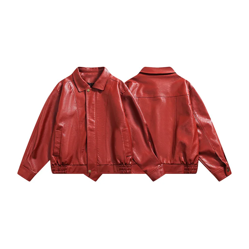 American Retro PU Leather Red Men\'s Jacket Lapel Collar Casual Loose Fitting Fashion Leather Jackets Couple Street Harajuku Coat