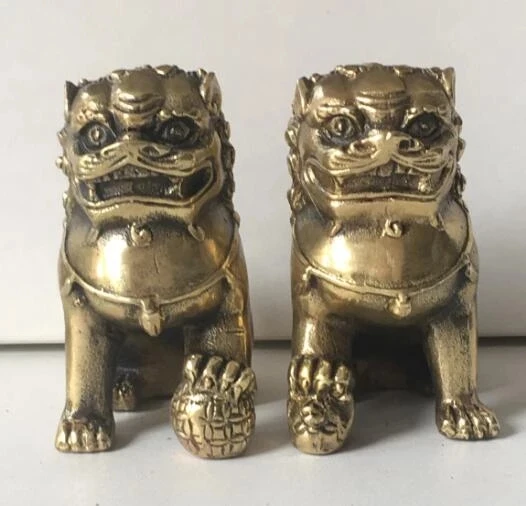 

7.5 cm Lucky Chinese Brass Fengshui Spirit Door Guardion Foo Fu Dog Lion Statue Pair