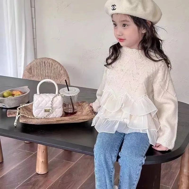 Abbigliamento per bambini ragazze principessa pizzo Patchwork maglione 2023 autunno e inverno nuovo addensato Kuit Casual Pullover Top