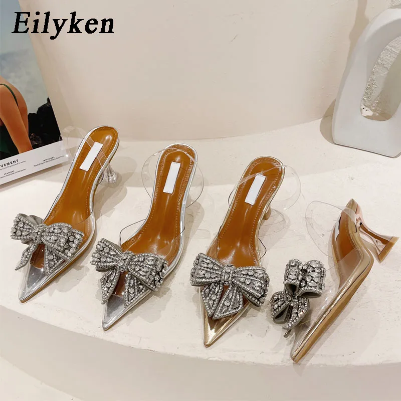 Eilyken Spring Autumn Crystal Sequined Bowknot Silver Women Pumps Low High Heels PVC Transparent Sandals Party Wedding Prom Shoe