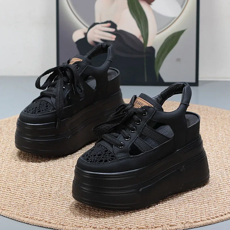 

Summer 12cm White Perforated Sandals for Women Breathable Sponge Sole Platform Inner Lift Shoes Lightweight Casual Wedge heel