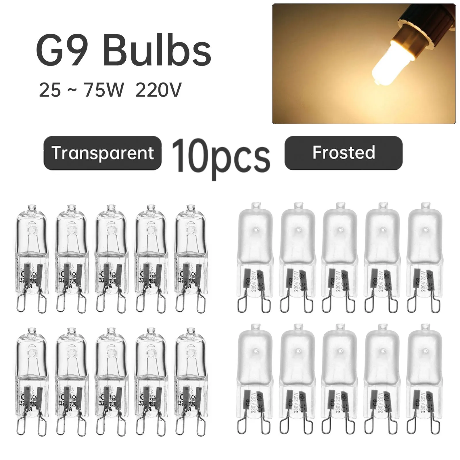 10 Uds G9 25W 40W 60W 75W 220-240V bombillas halógenas Base de 2 pines bombillas regulables larga vida hornos microondas vela bombilla de luz cálida