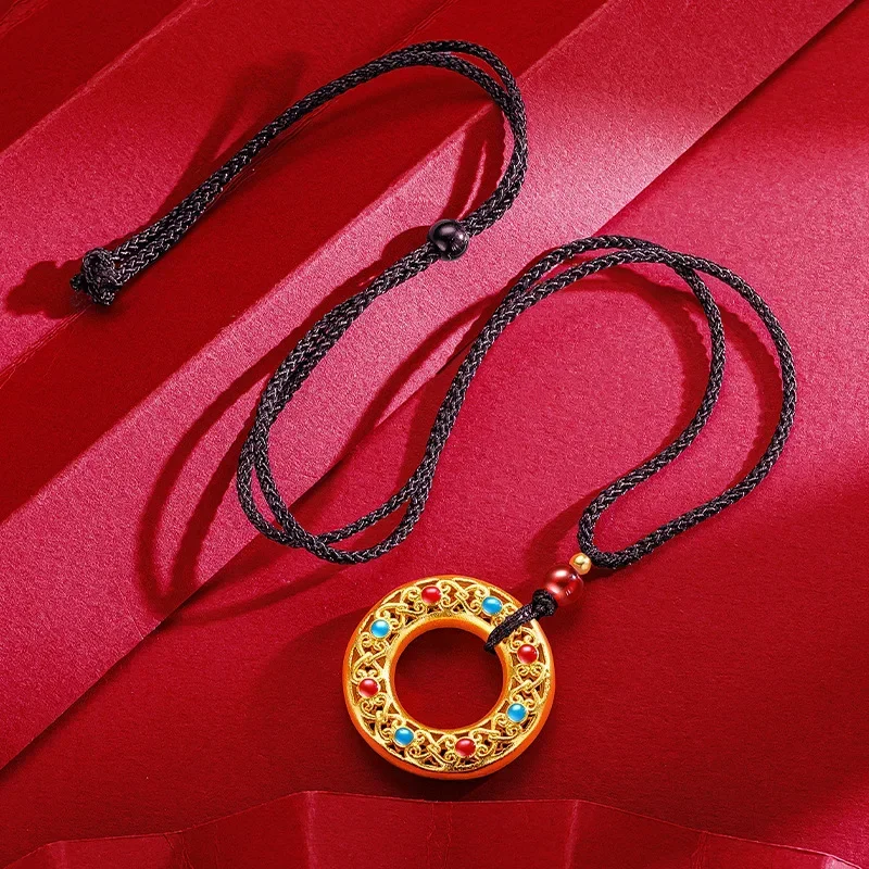 

9999 Real Gold 24K Vintage Enamel Color Pendant Ancient Gold Round Hollow Carved Black Rope Men's and Women's Necklace