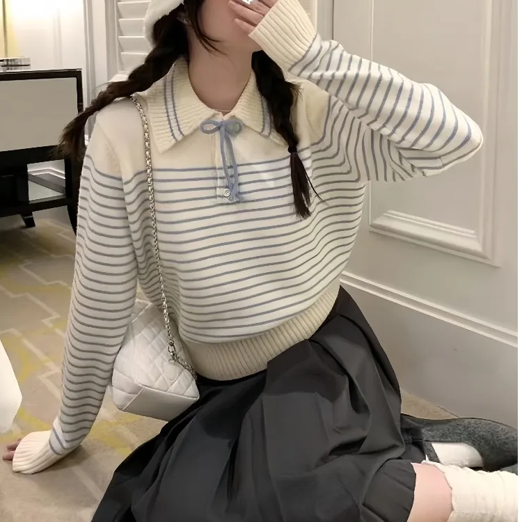 Loose Women's Knitted Sweater Stripe Collar Lazy Sle Autumn Winter Korean Version Chic Aosphere Matching Long Sve Top