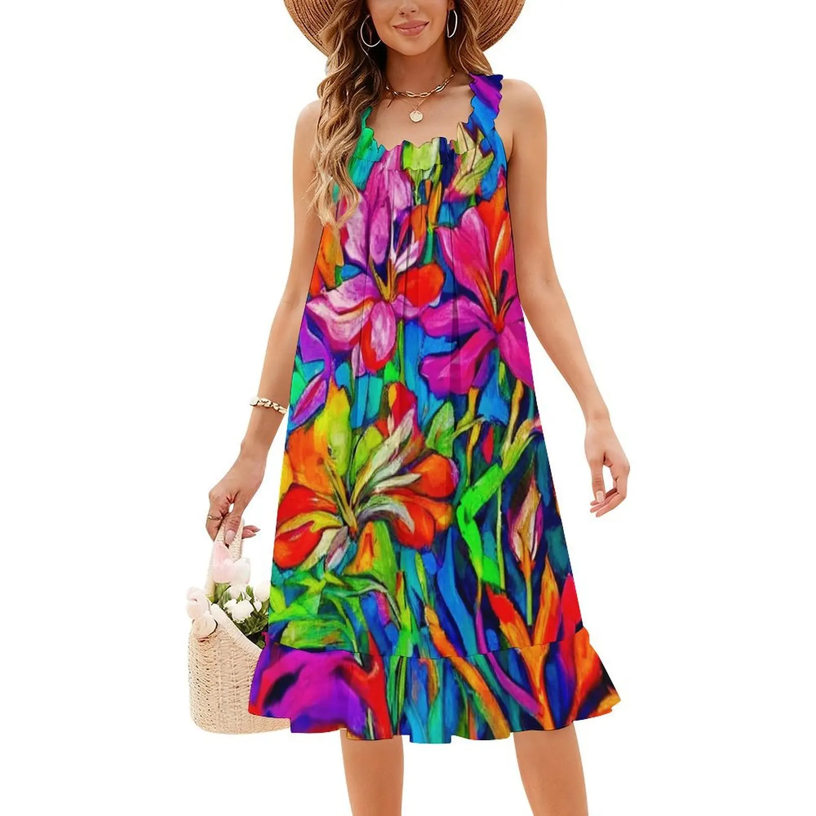 Gaun Leher Sweetheart Lukisan Cat Air Lily Gaun Pesta Musim Panas Elegan Untuk Wanita Motif Bunga Trendi Bunga Lily Modis