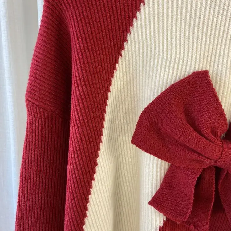 New Korean Bow Sweater 2023 Autumn/Winter Vintage Western Style Panel Long Sleeve Japanese Sweetheart Outerwear Knit