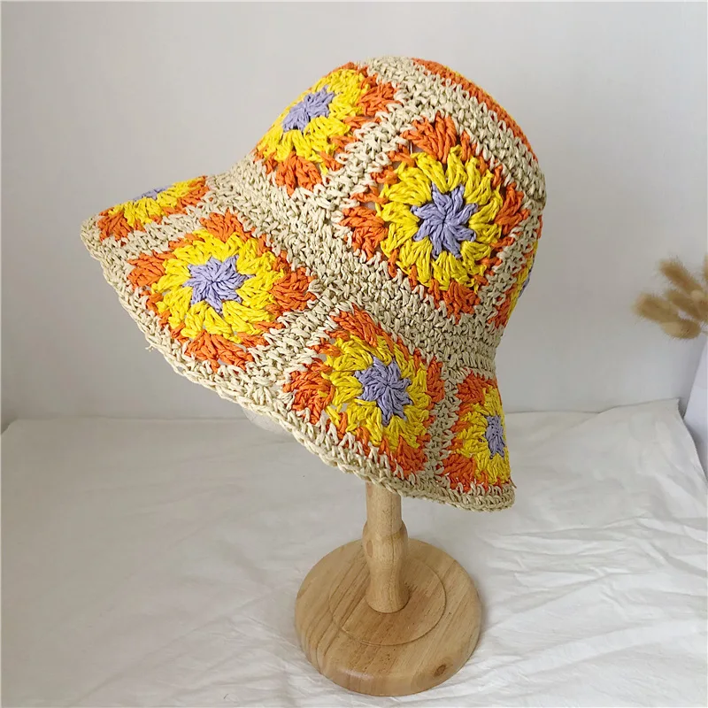 Colorful Raffia Paper Crochet Bucket Hat Handmade Sun Beach Hat For Women