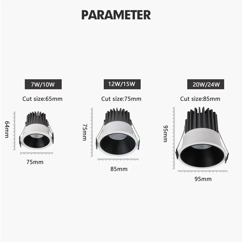 Lámpara de techo Led COB empotrada regulable, foco de luz de aluminio, 7W, 10W, 15W, 20W, 24W, AC85-265V para tienda Hotal interior