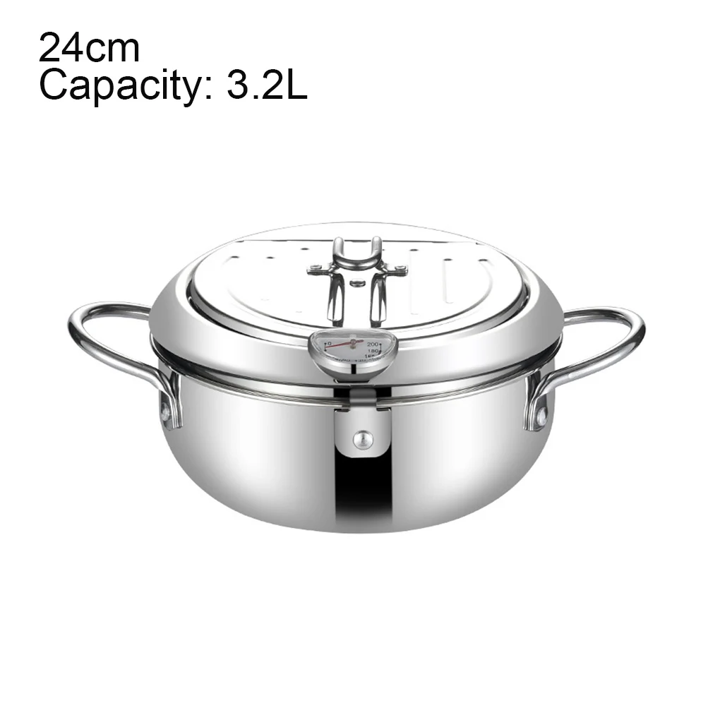 

Deep Frying Pot Stainless Steel Fryer Kitchen Cooking Fried Pot with Thermometer and Lid, 20cm