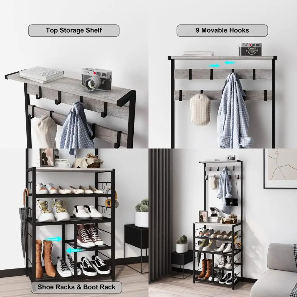 

5-уровневое винтажное дерево для прихожей с консольным столом, вешалкой для одежды и полками для хранения прихожей, дома или офиса (серый)