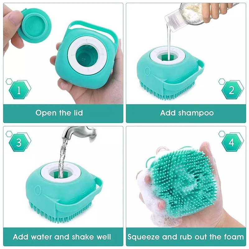 Pet Grooming Bath Massage Brush With Soap And Shampoo Dispenser Soft Silicone Bristle For Long Short Haired Dogs Cats Shower